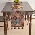 American farmhouse table runner with floral jacquard and decorative colorful tassels - Orange Rhombus Coffee Tassels / Standard Runner
