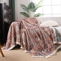 Retro Bohemian knit sofa throw blanket with rust red floral pattern and white tassels - Blue Line Ginkgo Leaf / Custom Size