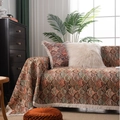 Bohemian style sofa cover with orange green geometric patterns and cream fringes - Green Line Ginkgo Leaf (Jacquard Tassel) / Custom Size