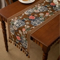 Classic Chinese table runner with brown jacquard fabric, blue porcelain and peony design - 35-120 / Coffee Base Vase Jacquard Style