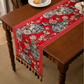 Classic red Chinese table runner with floral jacquard pattern and colorful tassels - 35-120 / Red Base Vase Tassel Style