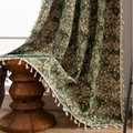 French vintage dark green floral curtain with white fringe trim and elegant patterns - 150cmx160cm