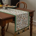 Beige floral table runner with bird patterns, dark green borders and elegant tassels - 35-120 / Green Border Floral Tassel Style