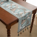 New Chinese style jacquard table runner with landscape pattern and light blue tassels - 35-120 / Blue Base Pavilion Jacquard Style