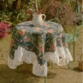 Floral round tablecloth in dark green with pink peonies and white lace ruffles - 140x260 / Green Peony Jacquard With Lace Edge