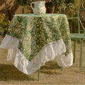 Forest green floral round tablecloth with white lace ruffle edge for outdoor use - 90x90cm / Green Meadow Jacquard With Lace Edge