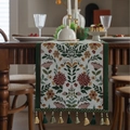 Elegant American pastoral table runner with vintage floral embroidery and green tassels - Green Border Gold Flower With Green Tassels / 35x120