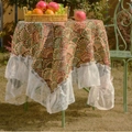 Retro orange and green jacquard round tablecloth with floral lace edge in outdoor setting - 90x90cm / Green Gingko Jacquard With Lace Edge