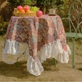 Bloemen jacquard tafelkleed met witte kant ruches randen in Franse landelijke stijl - 90x90cm / Blauwe Ginkgo