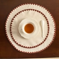 Rustic embroidered cotton linen table placemat set with crochet lace edge on wood table - Coffee Line