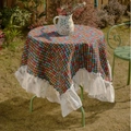Floral green jacquard round tablecloth with white lace edges in a garden setting - Colorful Knot Jacquard With Lace Edge
