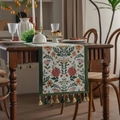 Vintage floral jacquard table runner with colorful tassels and cream base fabric - 35-120 / Jacquard Green Morning Glory Green Tassel