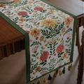 Floral embroidered table runner with green tassels and vintage jacquard botanical pattern - 35-120 / Green Edge Morning Glory Green Tassel