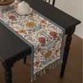 Floral table runner in vintage cream with blue border and decorative fringe tassels - 35-120 / Jacquard Blue Morning Glory Blue Tassel