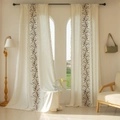 Detailed close-up of beige linen curtains with leaf embroidery and bohemian tassels - 140x45cm / Brown Blue Narcissus Embroidered Beige Sweeping Pattern Curtain Rod Pocket Style