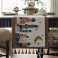 Bohemian table runner with jacquard castle pattern and decorative tassels on wood table - 35-120 / Jacquard Colorful Castle Coffee Tassel