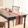 American retro red striped table runner with handmade tassels on a dark wood table - Bright Red Stripes / Placemats: 30-50 (including Tassels)