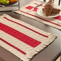 Vintage red and beige striped table runner with fringes on a dark wooden dining table - Bright Red Stripes