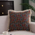 Colorful geometric woven throw pillow with cream fringe tassels on a grey sofa - 30x50cm / No Insert / Colorful Knot