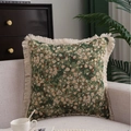 Deep green floral jacquard pillow with white-red small flowers and fringe tassels - 30x50cm / No Insert / Jacquard Green Meadow (White Tassels)