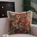 Vintage floral jacquard pillow in orange-brown tones with fringe trim on a sofa - 30x50cm / No Insert / Jacquard Orange Oil Painting (White Tassels)