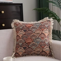 Bohemian jacquard pillow with orange fan pattern and fringe trim on a sofa - 30x50cm / No Insert / Jacquard Blue Line Ginkgo (White Tassels)