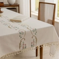 Elegant beige linen tablecloth with pink floral embroidery and fringe tassels - 100-140 / Pink Orchid (Beige White)