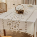 Linen cotton tablecloth with brown vine embroidery and tassel fringe in oatmeal color - 100x140cm / Yellow Ivy