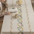 Beige cotton linen tablecloth with elegant floral embroidery and tassel details - 100-140 / Gold Spiral (Gold Spiral Tassel)