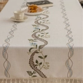 Bohemian beige linen table runner with blue floral embroidery and tassel fringe edges - Coffee Spiral (Beige Pattern) / 100-140