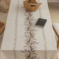 Linen table runner with botanical leaf embroidery and fringe on wooden dining table - 100x140cm / Brown Blue Narcissus with Beige Tassels