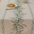 Linen table runner with green vine embroidery and tassel fringe in Nordic style - 100x140cm / Cyan Pink Narcissus with Beige Tassels