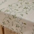 Beige linen tablecloth featuring green vine embroidery and elegant white tassels - 140x160CM / Green Ivy