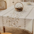 Rectangular cotton linen tablecloth in cream with brown vine embroidery and tassels - Yellow Ivy (Beige Pattern)