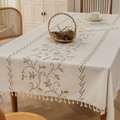 Rectangular linen tablecloth with vine embroidery and white tassels in oatmeal finish - Yellow Ivy (Beige Pattern) / 140-160