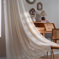Linen cream curtain with yellow vertical embroidery and small white pom pom tassels - Rod Pocket Style / 132-45 / Yellow
