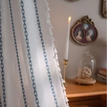 Beige cotton linen curtain with blue diamond embroidery and white fringe tassels - 132-91 / Gray Stripe White Base (Rod Pocket)