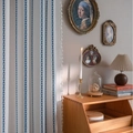 White striped curtain with blue woven patterns and elegant side tassels for windows - 132-91 / Blue Stripe White Base (Rod Pocket)