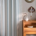 White semi-sheer curtain with green geometric embroidery and side fringe tassels - 132-91 / Green Stripe White Base (Rod Pocket)