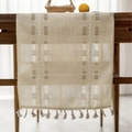 Beige cotton linen table runner with hollow weave texture and stylish tassels - Long Runner / Apricot
