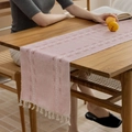 Pink cotton linen table runner with white geometric embroidery and tassels - Long Runner / Pink