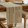 Camino de mesa moderno de lino y algodón beige con bordado de hojas y borlas - 33x120cm / Café