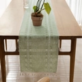 Minimalist light green cotton linen table runner with embroidery and tassels - Fruit Green