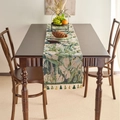 Ethnic style woven table runner with green floral jacquard and bicolor tassel decor - 33cmx120cm / Jacquard Lotus (Green Tassels)