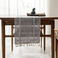 Dark gray linen table runner with white wave embroidery and delicate tassels - Dark Gray