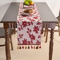 Elegant beige jacquard table runner with red floral motifs and decorative tassels - 33cmx120cm / Red Roses (Red Tassels)
