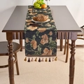 American country table runner with large floral jacquard patterns and elegant tassels - 33cmx120cm / Yellow Flowers on Black (Coffee Tassels)