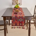 Ethnic bohemian table runner with colorful geometric patterns and decorative tassels - 33cmx120cm / Red Badge (Red Tassels)