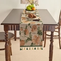 Beige tafelloper met oranje bloemenpatronen en decoratieve kwastjes voor in huis - Beige Achtergrond Gele Bloem Groene Kwastjes / Korte Loper
