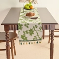 Retro table runner with green botanical leaves pattern and colorful tassels - 33x120cm / Green Rose Jacquard Green Tassels